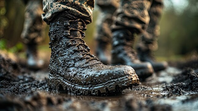 Close-up of military boots in mud at army training camp with soldiers in combat gear and camouflage. 