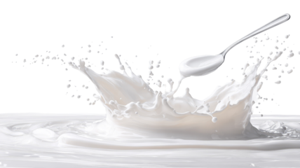 Liquid milk splash on the floor with a stainless steel mug on transparent background