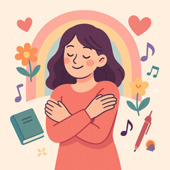 Obraz premium Cute Self Love Illustration with Girl and Positive Elements