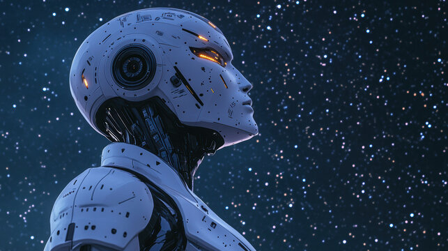 Futuristic humanoid robot looking into the starry night sky