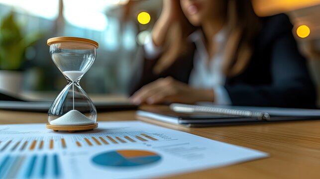 Close-up of hourglass on office table with Indian businesswoman working on time management skills.