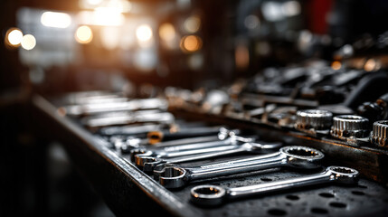 Automotive engine close-up with tools on workbench, precision and craftsmanship in focus