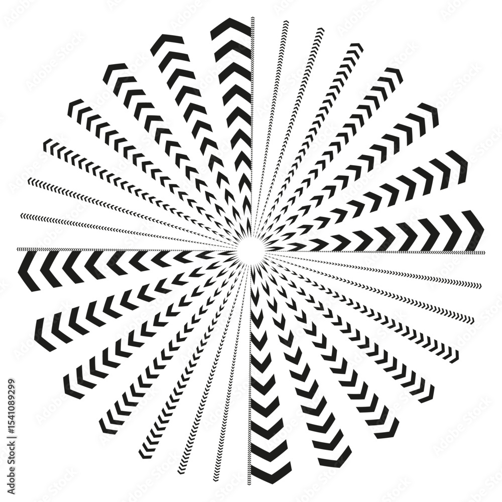 Poster arrow spiral vortex. black dynamic flow. motion art symbol. vector design shape.