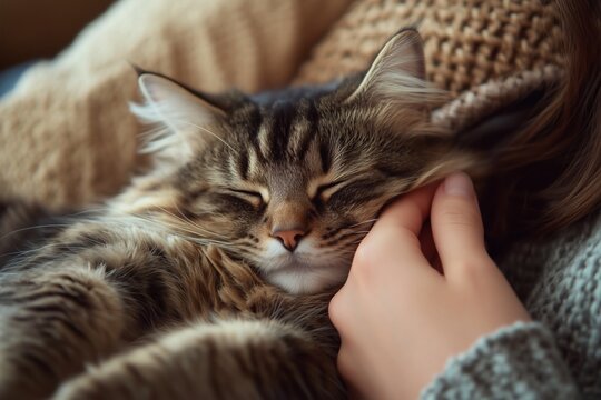 A fluffy tabby cat peacefully naps, its fur gently caressed by a loving hand, creating a scene of tranquility and affection.