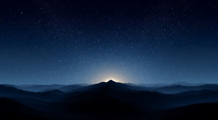 A starry night sky over mountains, with a gradient of deep blue to black. The stars form an intricate pattern in the shape of waves, creating a sense of depth and mystery
