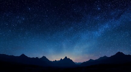 A starry night sky over mountains, with a gradient of deep blue to black. The stars form an intricate pattern in the shape of waves, creating a sense of depth and mystery