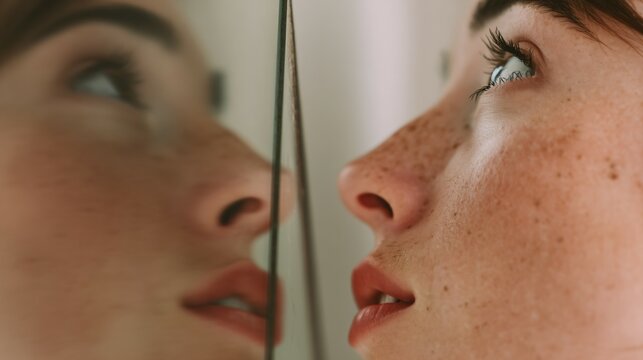 Young man looking at his reflection in mirror with thoughtful expression, self reflection and personal growth concept, narcissism or self love idea, psychological and emotional development