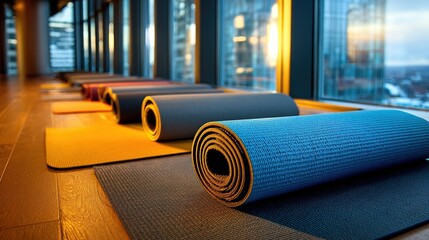 Yoga mats rolled out, sunlight streams through the tall city windows