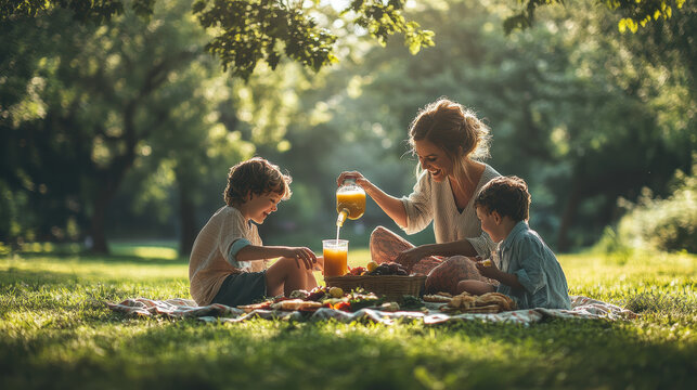 Happy family picnic with mother and sons sharing juice outdoors