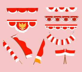 A festive illustration set of Indonesian independence flag themed border decorations, ideal for celebration designs, patriotic posters, banners, and national event visuals