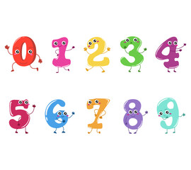 A playful set of cute number illustrations featuring cartoon faces and expressions. Perfect for educational materials, children content, counting games, and fun learning visuals