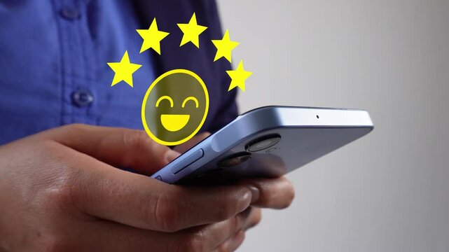 Businesswoman with her cell phone and five stars and happy face, satisfactory rating concept