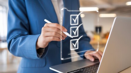 Digital Checklist: Businesswoman Completing Tasks Online with Laptop and Stylus