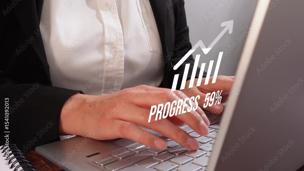 Poster close-up of a person's hands working on a computer and an animation of a loading graph icon with an 