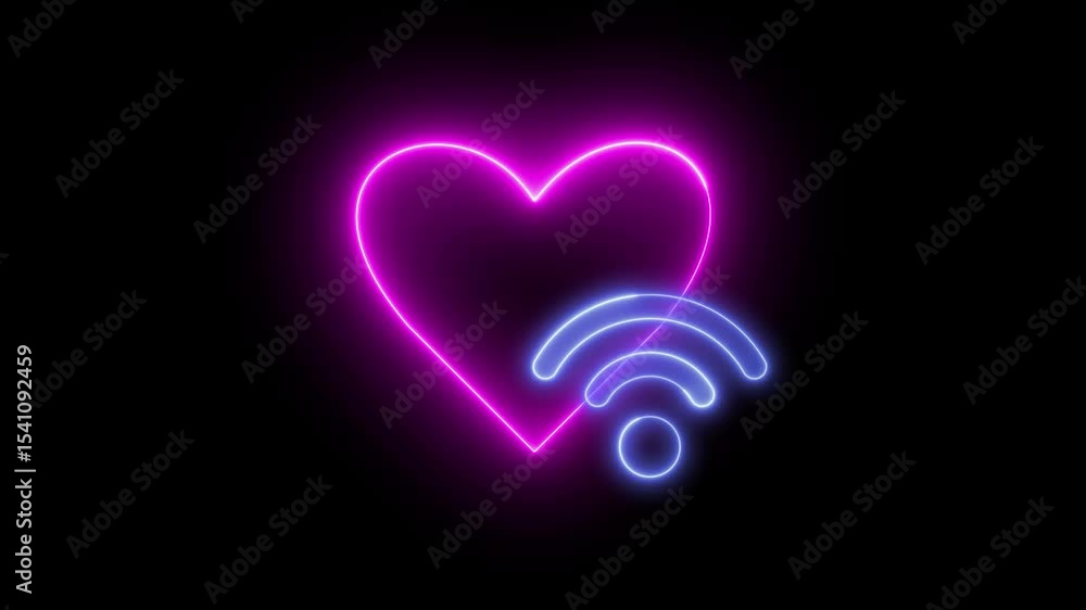 Poster neon light effect animation of a heart icon with a wi-fi signal