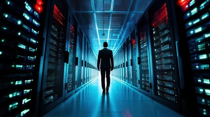 A man walking through a long, narrow hallway filled with server racks in a data center.