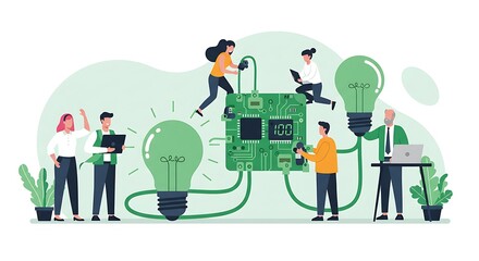 A group of diverse individuals collaborating on a technological project.