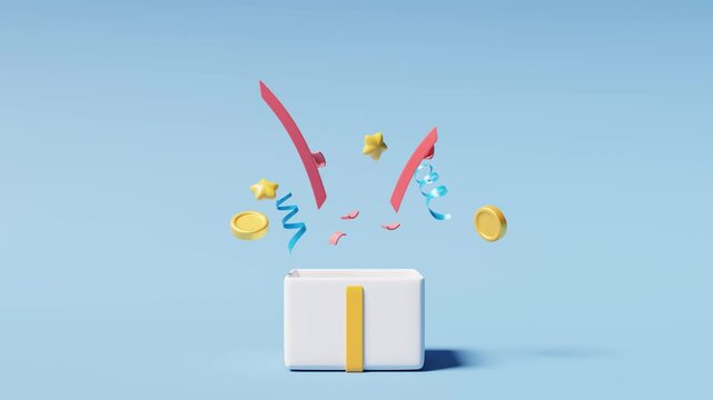 3d animation footage. Open gift box with decorative items on blue background.	