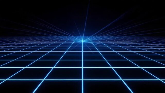 Futuristic grid background with glowing blue lines. Digital grid background features a perspective grid and central light source. This striking grid design is perfect for video intros and outros.