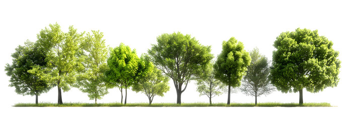 A panoramic composition featuring various trees isolated against a black backdrop.