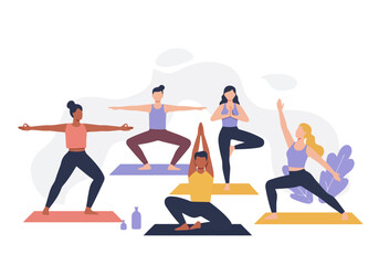 Diverse Group Yoga Poses - Vector Illustration