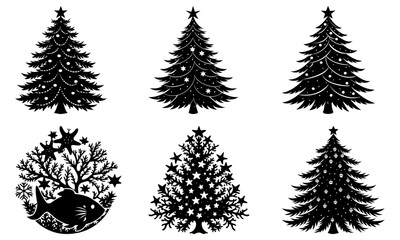 Fototapeta premium Collection of six stylized christmas trees in black silhouette with decorative elements and unique designs