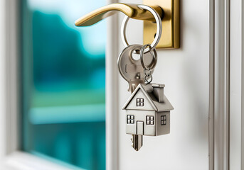 A close-up of a door handle with house-shaped keys hanging from it, symbolizing home and new beginnings.