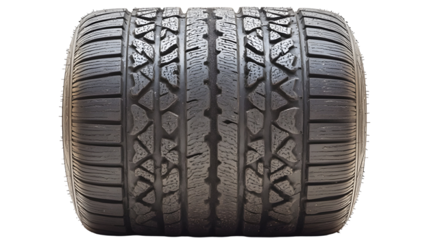 High angle studio shot of new car tire on black background showcasing details