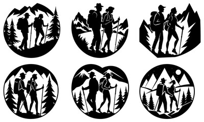Obraz premium Silhouetted hikers with backpacks and walking sticks in mountain and forest scenes in oval and heart shapes