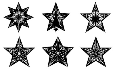 Collection of six black and white ornate star designs with varying patterns and artistic elements shown