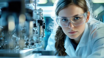 A young woman in a lab coat, wearing safety goggles, examining a piece of equipment in a laboratory setting.