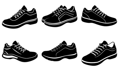 Collection of six black and white silhouette images of various styles of athletic running shoes or sneakers