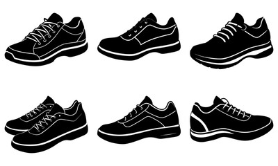 Illustration of six black athletic shoes with laces and different designs on a white background artfully arranged