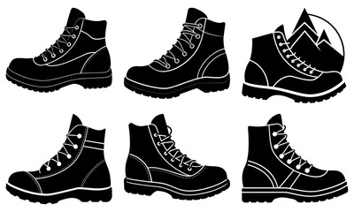 Collection of six black and white vector illustrations of hiking boots with different designs and styles