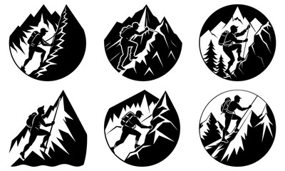 Fototapeta premium Collection of black and white mountain climbing silhouettes in various shapes and compositions on white