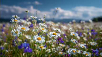Meadow flowers with chamomile and wild peas under blue sky, a serene pastoral scene of natural beauty