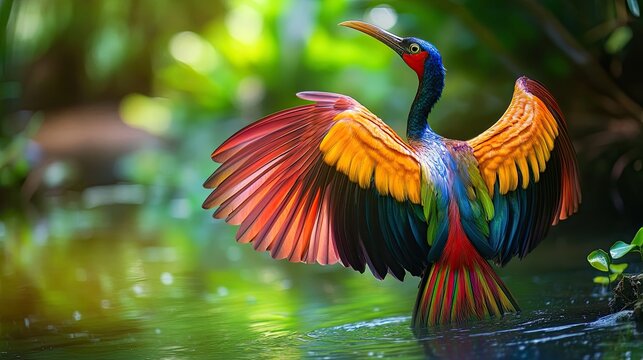 Elegant sunbittern drying wings in a vibrant display of colors nature scene