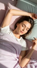 Peaceful Sleep Woman Resting in Sunlight Filled Bedroom