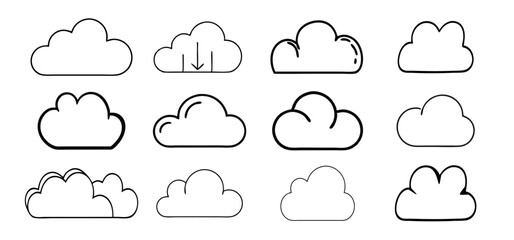 Collection of outline cloud icons in various shapes and sizes representing data storage or weather elements on white