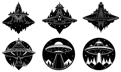 Six black and white illustrations of futuristic flying saucers and cityscapes in various shapes