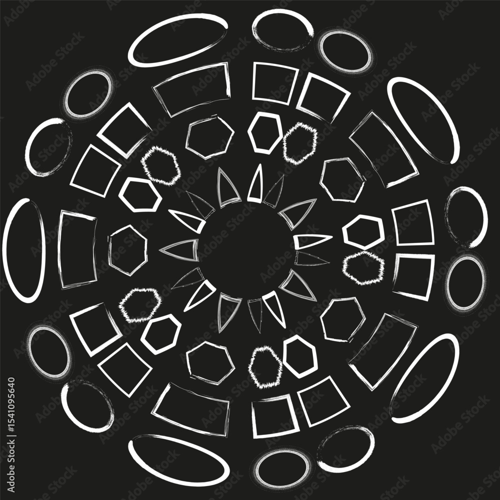 Poster radial shape cluster. abstract curved pieces. vector dark circle form. symmetry geometric pattern.