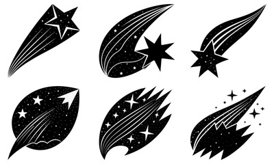 Obraz premium Collection of six black and white shooting star illustrations with varying shapes and designs on white