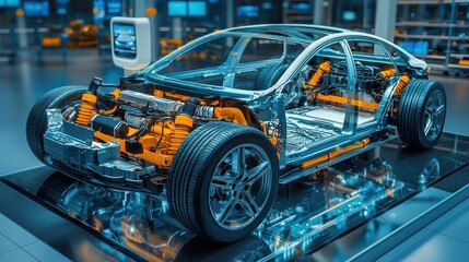 Fototapeta premium A futuristic electric car with transparent panels showcasing its intricate mechanical components and advanced technology.
