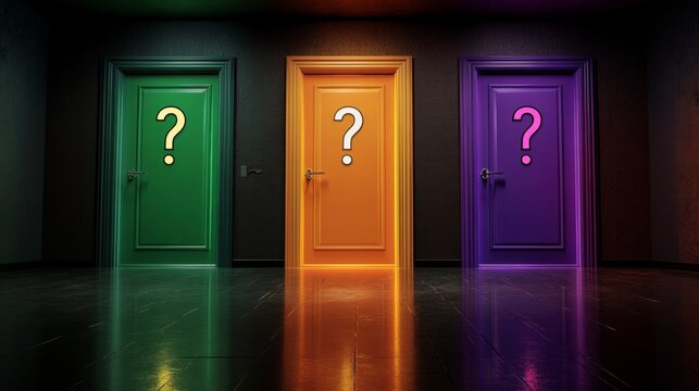 Surreal hallway with three vibrant doors, purple, green, orange, glowing question marks, reflective floor, mysterious black background