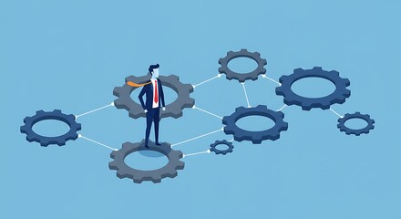 Businessman standing on interconnected gears.