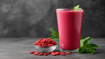 Goji berry smoothie in tall glass with fresh green leaves and dried goji berries on gray surface
