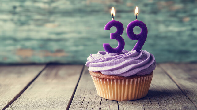  Cupcake for a 39th birthday, with purple number candles on a wooden table
