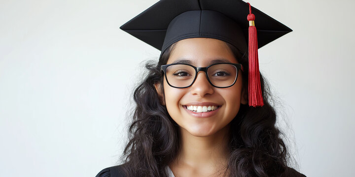 Happy Latina teen woman wearing a graduation cap and gown, wearing glasses and smiling at the camera, isolated on a white background with copy space.