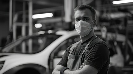 A man in a medical mask stands in a workshop, with a car in the background.