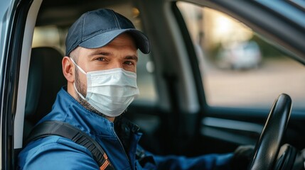 A man wearing a blue cap and a medical mask, driving a car with his hands on the steering wheel.